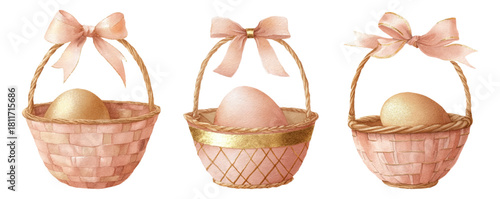 Watercolor set of cute baskets with eggs. Pink basket with gold frame and high handle decorated with a bow. Vintage decorative basket with eggs. Easter baskets.