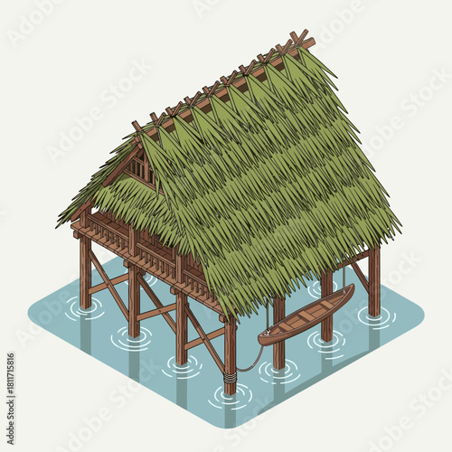 Isometric Stilt House with Thatched Roof and Boat, Floating on Water