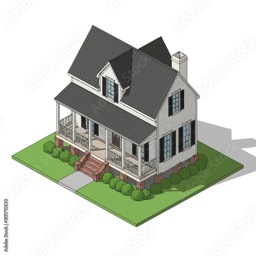 Isometric projection of a cozy modern farmhouse with neat landscaping