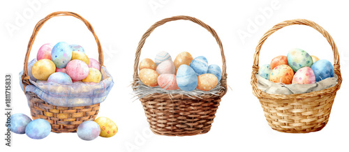 Watercolor set of Easter eggs. Easter baskets with pastel eggs. Spring decorative elements for Easter. . Perfect for Easter card design, spring invitations, children's prints and holiday decor.