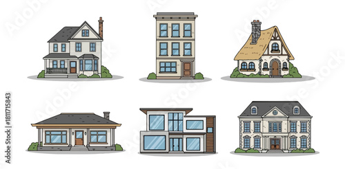 Various residential houses illustration architectural styles vector