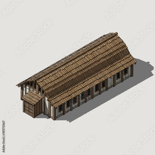 Isometric rendering of a medieval timber-framed longhouse structure design