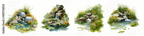 Watercolor set of garden lakes with mini waterfalls. Small artificial lakes for the garden or yard with a mini waterfall. Decorative garden and park water features. Vector illustration.