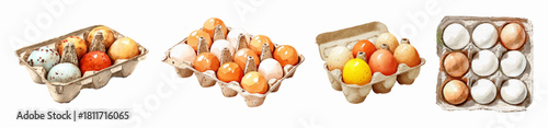 Watercolor set of egg trays. Farm chicken eggs in cardboard boxes. Fresh chicken and egg products. Eggs for cooking, Easter tosho. Agricultural products.