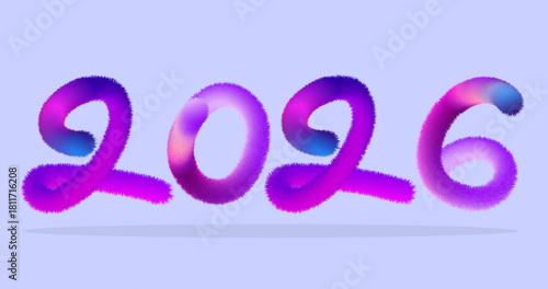 Year 2026 in fuzzy gradient numbers on a soft blue background
