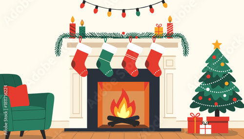 Cozy Christmas living room with fireplace, stockings, and tree  