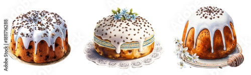 Watercolor Easter cake set. Realistic hand drawn illustration of Easter cupcake drizzled with icing and sprinkled with seeds and sugar sprinkles. Festive Easter pastries. Vector illustration.