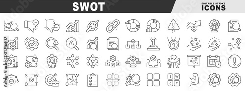 SWOT analysis line icons for business strategy and planning, matrix quadrants, strengths, weaknesses, opportunities, threats, KPI performance, optimization, management workflow