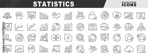 Statistics and analytics icons: data charts, graphs, dashboards, KPIs, forecasts, reports, presentations, metrics, performance, business growth, editable vector outline stroke