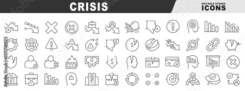 Vector outline icons illustrating crisis risk warning decline recession bankruptcy payment failure outage stress downtime breach volatility editable stroke finance