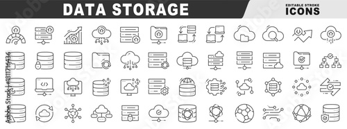 Outline data storage icons featuring cloud, database, server backup, sync, migration, replication, security, analytics, scalability, multicloud, monitoring, versioning, compliance dashboard