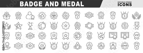Clean badge and medal icons: award, trophy, star, VIP, verified, laurel, ranking, certificate. Outline line style with editable stroke collection