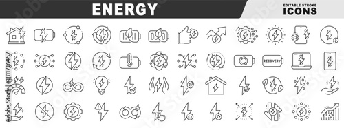 Outline energy icon set with electricity, power, renewable, efficiency, grid distribution, safety, home usage, optimization, editable stroke, battery monitoring