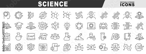 Science outline icons for research, laboratory experiments, chemistry, biology, physics, genetics, DNA, data analysis, education, innovation, technology, molecule editable stroke