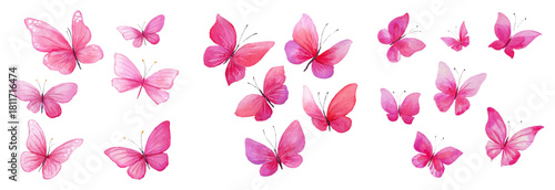 Watercolor set of pink butterflies. Cute spring and summer butterflies flying. Romantic hand drawn floral butterflies. Spring holiday butterflies. Vector illustration.