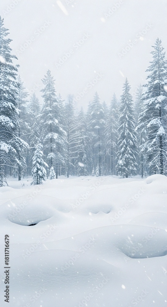 Fototapeta premium Minimal Snowy Landscape Background with Falling Winter Flakes and Christmas Copy Space