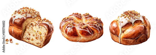 Watercolor Easter bread with cream glaze and seeds. Sweet illustration of braided challah, perfect for spring holiday bakery projects, Passover, Jewish Shabbat celebrations.