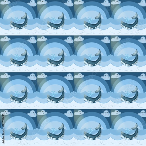 Seamless Blue Whale Pattern Vector, Kids Ocean Theme Backgroun