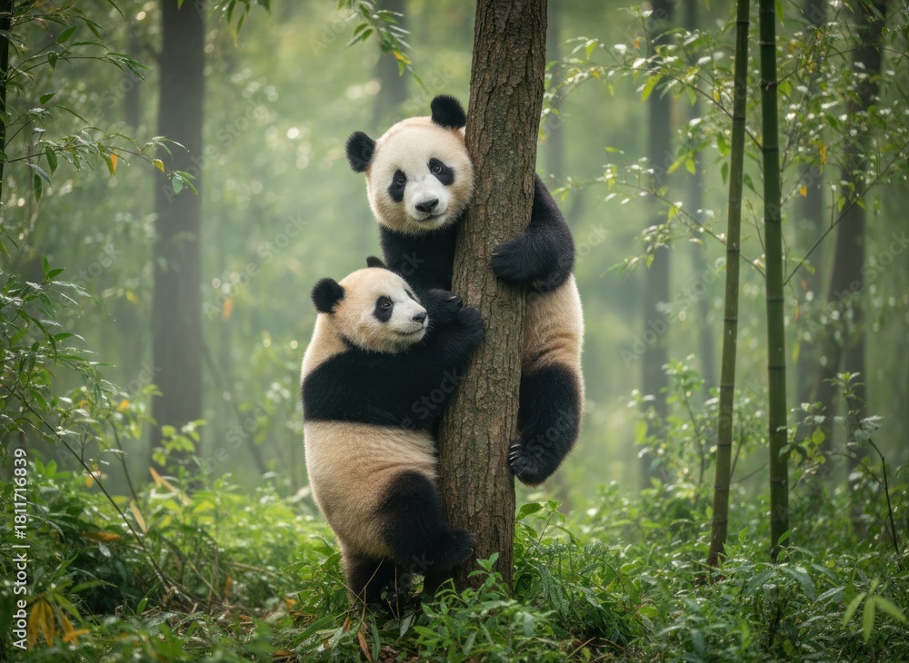 Naklejka premium Two adorable pandas climb a tree in a lush bamboo forest, gazing at the camera