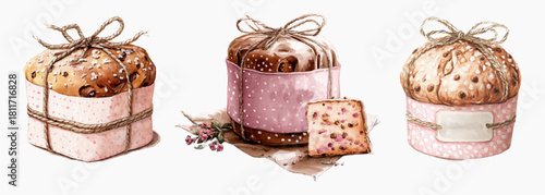 Watercolor Italian panettone with festive wrapper tied with twine, slice of traditional homemade cake. Sweet cake for Easter. Traditional homemade dessert, sweet holiday baked goods