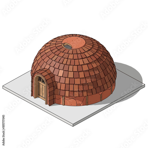 Isometric View of an Adobe Dome House with Wooden Door and Roof Tiles