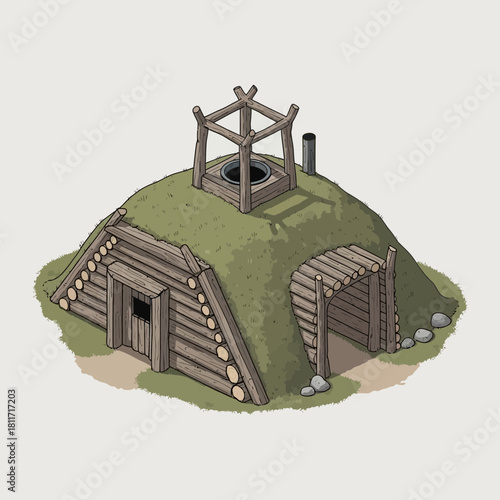 Isometric view illustration of an ancient Scandinavian earth lodge house