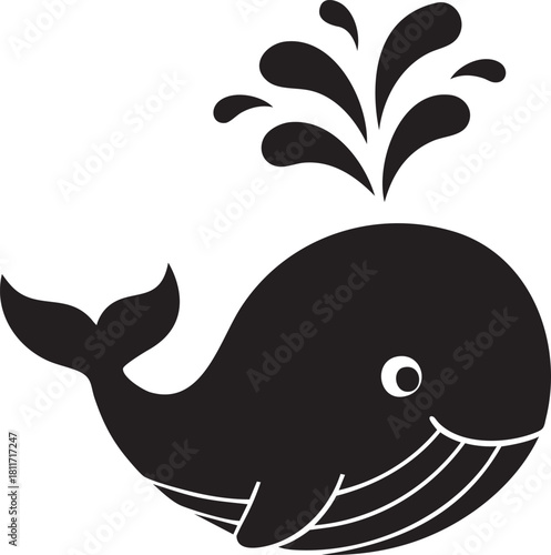 Vector Silhouette of a Cute Cartoon Whale Spouting Water from its Blowhole