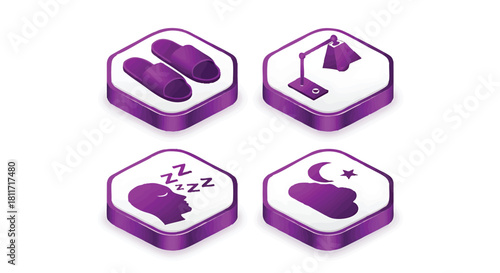 Isometric icons representing good night sleep and bedtime routine illustration