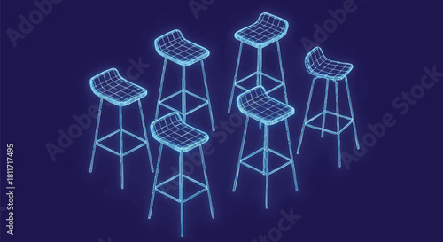 Abstract wireframe bar stools on dark blue background studio shot