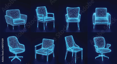 Abstract wireframe furniture design concept with chairs and armchairs rendering
