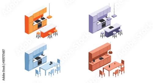 Isometric Kitchen and Dining Room Set in Various Color Schemes Designs