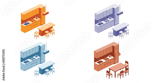 Isometric Kitchen Designs Colorful Minimalist Interior Design Concepts Isolated on White