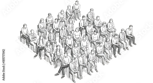Audience of people sitting in chairs in sketched illustration style