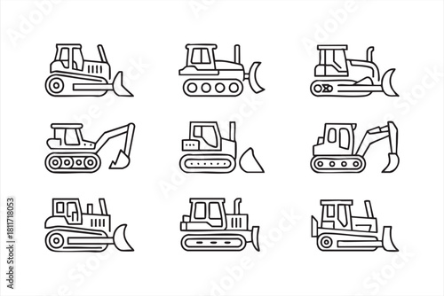 Bulldozer and excavator outline icons for construction UI and workflow tools