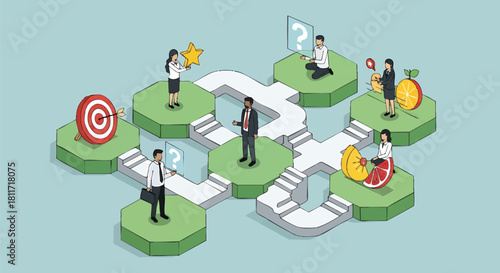 Business Path Concept with Goals Questions and Teamwork for Success