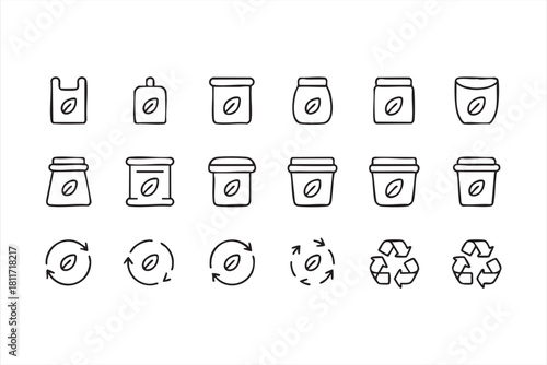 Zero-waste icon collection featuring eco containers and recycling graphics