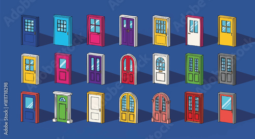 Colorful Assorted Doors in Isometric View on Blue Background Illustration