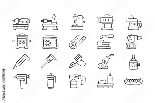 Workshop equipment icon set with drills, saws, and cutting machines