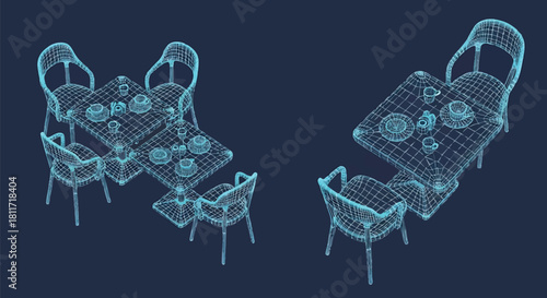 Conceptual Restaurant Tables and Chairs Wireframe Design on Dark Blue Background
