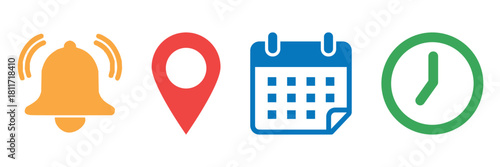 Location, time, calendar and notification bell icon set. Vector collection of date, address, alarm bell, and clock symbols for reminders, schedules, alerts. Flat illustrations for website and apps