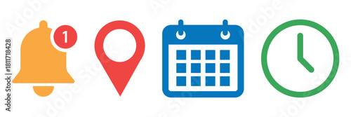 Location, time, calendar and notification bell icon set. Vector collection of date, address, alarm bell, and clock symbols for reminders, schedules, alerts. Flat illustrations for website and apps