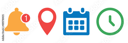 Location, time, calendar and notification bell icon set. Vector collection of date, address, alarm bell, and clock symbols for reminders, schedules, alerts. Flat illustrations for website and apps