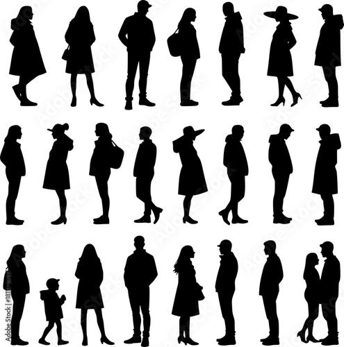 Vector silhouettes man and women, illustration. Silhouettes of young people posing in casual clothes. EPS version.
