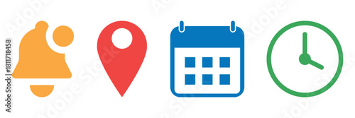 Location, time, calendar and notification bell icon set. Vector collection of date, address, alarm bell, and clock symbols for reminders, schedules, alerts. Flat illustrations for website and apps