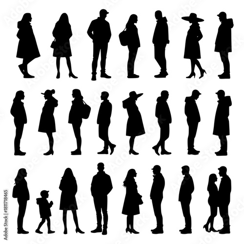 Vector silhouettes man and women, illustration. Silhouettes of young people posing in casual clothes. Transparent background SVG version.