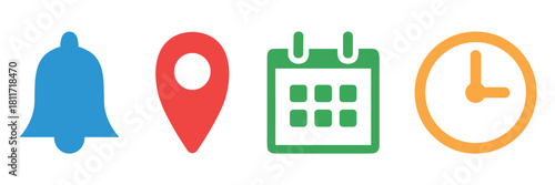 Location, time, calendar and notification bell icon set. Vector collection of date, address, alarm bell, and clock symbols for reminders, schedules, alerts. Flat illustrations for website and apps