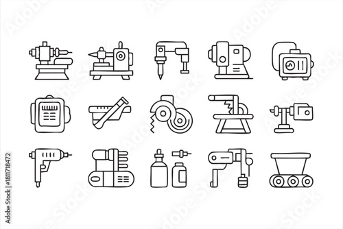 Engineering tool line icons for production workflows and mechanical design