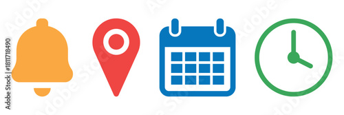 Location, time, calendar and notification bell icon set. Vector collection of date, address, alarm bell, and clock symbols for reminders, schedules, alerts. Flat illustrations for website and apps