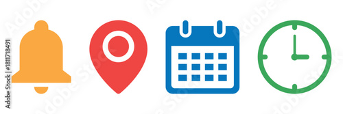 Location, time, calendar and notification bell icon set. Vector collection of date, address, alarm bell, and clock symbols for reminders, schedules, alerts. Flat illustrations for website and apps