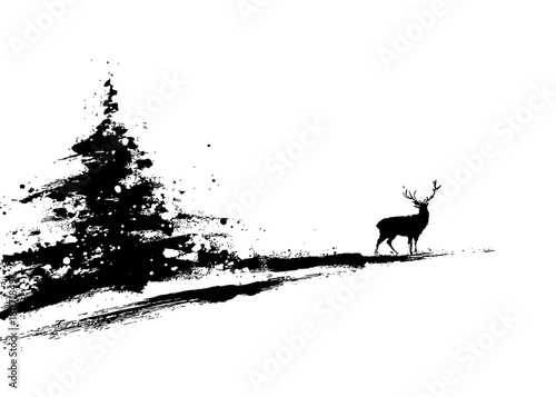 Festive ink brush reindeer and Christmas tree landscape in minimalist winter scene